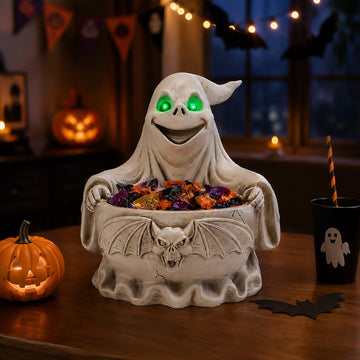 Halloween Ghost Storage Bowl Figurine, Spooky Candy Dish with LED Glowing Eyes for Party