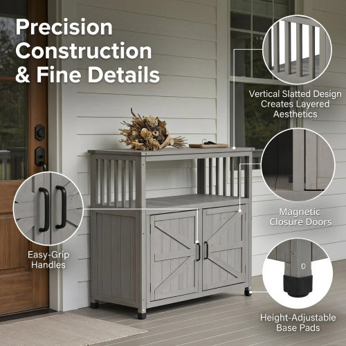 Wooden Outdoor Buffet Cabinet with Storage, Grey Patio Bar Table & Sideboard