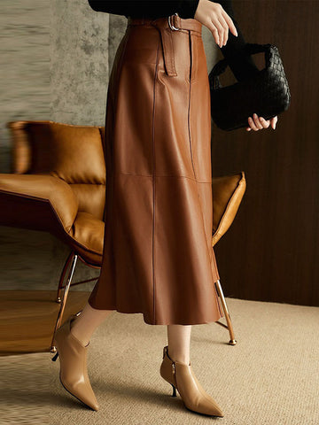 A-Line High Waisted Belted Buttoned Pockets Solid Color Split-Joint Zipper Skirts Bottoms