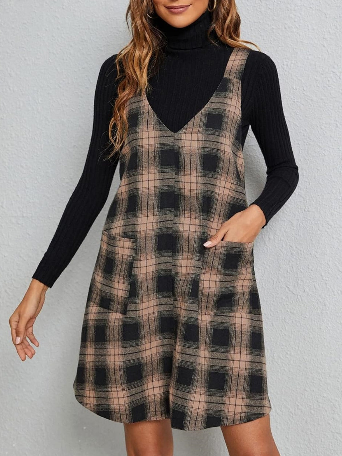 Plaid V Neck Sleeveless Overall Pinafore Dress