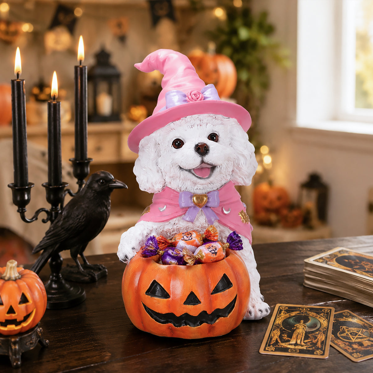 Halloween White Teddy Witch Figurine, Cute Dog Holding Pumpkin Candy Bowl Decor