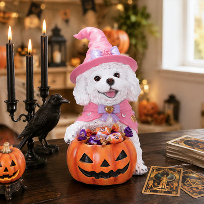 Halloween White Teddy Witch Figurine, Cute Dog Holding Pumpkin Candy Bowl Decor