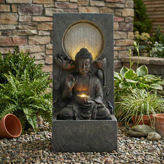 Zen Buddha Waterfall Fountain, 28" LED Lighted Freestanding Garden Water Feature