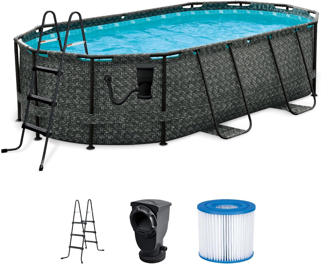 167 by 98 by 39.5 Inches Oasis Designer Oval Frame Outdoor Above Ground Swimming Pool Pool Set with Accessories, Dark Herringbone Gray