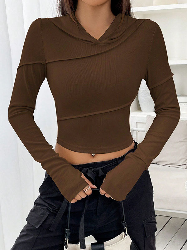 Hooded Long Sleeves Hollow Solid Color Split-Joint V-Neck T-Shirts Tops