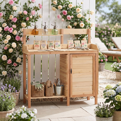 Wooden Potting Bench with Sink & Storage, Outdoor Garden Workstation Table