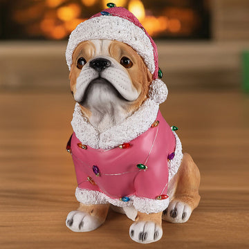 Christmas Pug Statue, Holiday Dog Figurine in Pink Santa Outfit