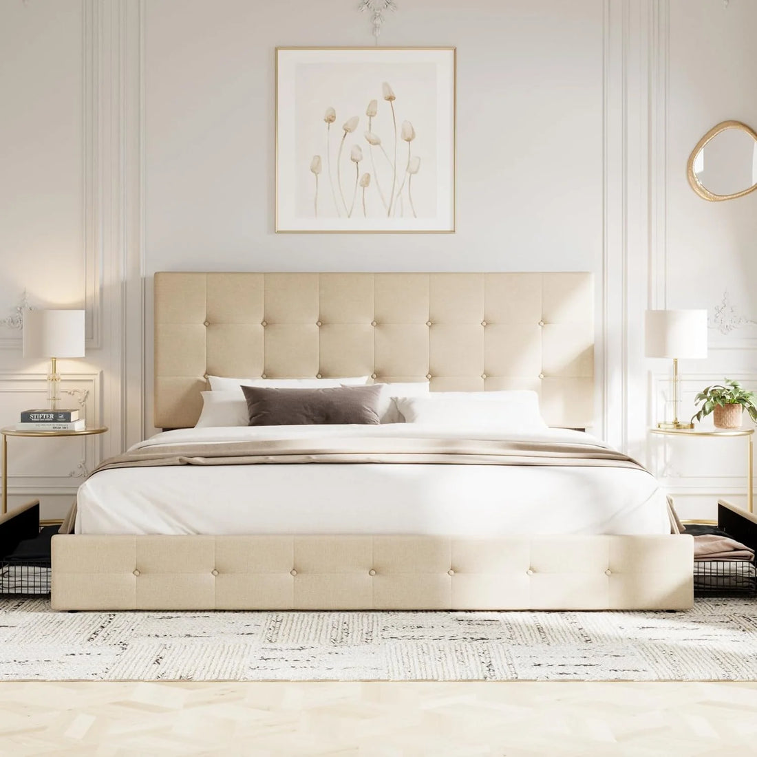 Upholstered Queen Size Platform Bed Frame with 4 Storage Drawers and Headboard, Square Stitched Button Tufted, Mattress Foundation with Wooden Slats Support, No Box Spring Needed, Light Grey
