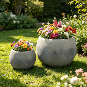 Modern Minimalist Round Planters Set of 2 – Lightweight MGO Concrete-Look Bowl Pots with Drainage Hole, Weathered Grey Magnesium Oxide Indoor/Outdoor Planters for Garden, Patio, Entryway & Contemporary Decor