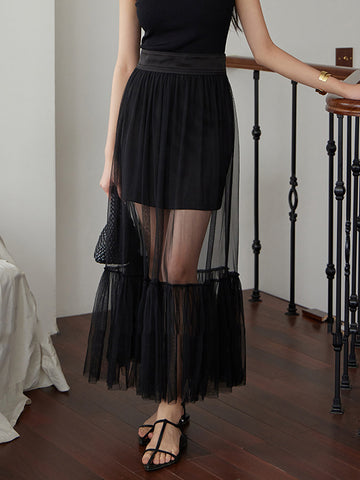 A-Line High Waisted Pleated See-Through Split-Joint Tulle Skirts Bottoms