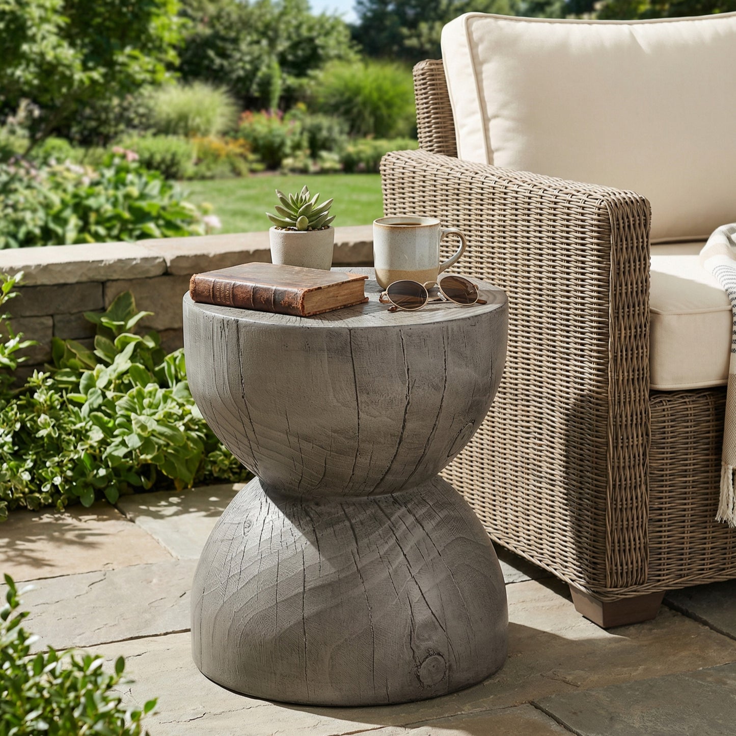 16.54" H Realistic Wood Vibe MGO Side Table – Sculptural End Table for Indoor & Outdoor Patio Decor