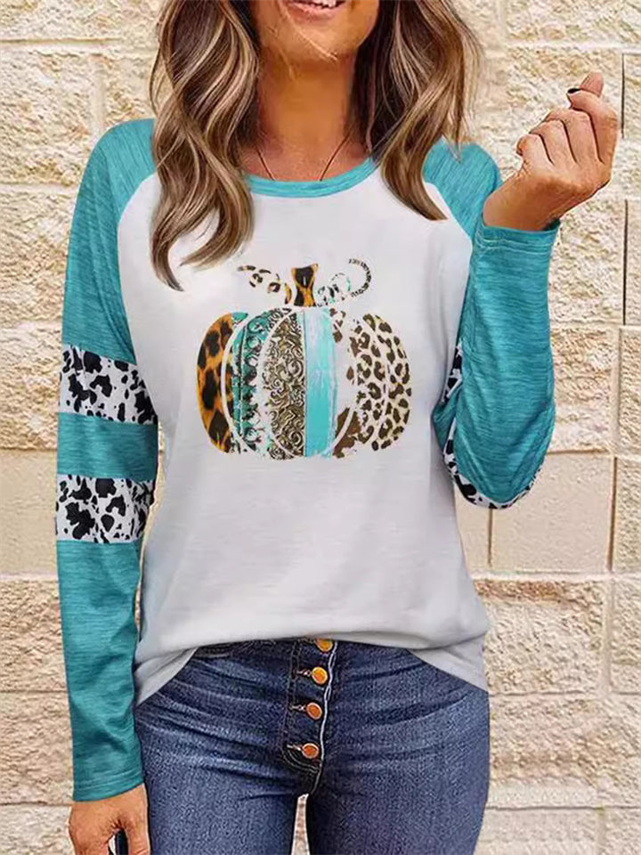 Women's Leisure Pumpkin Pattern Raglan Sleeve T-shirts