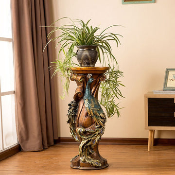 Luxury 32.7" Peacock Carved Pedestal Stand – Hand-Painted Resin Faux Wood Display Column with 3D Feather Details, Elegant Accent Table for Plant, Vase & Art, Vintage Decor for Living Room, Foyer & Conservatory