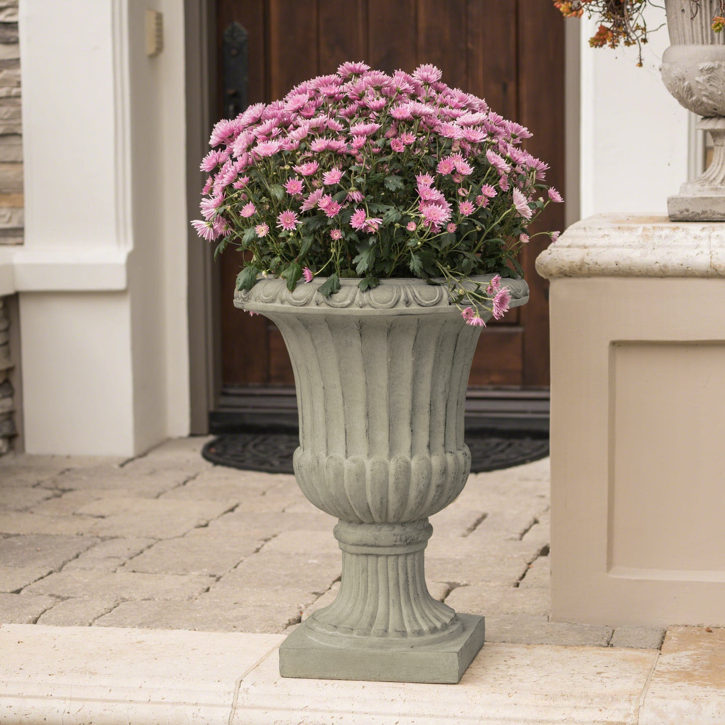 Antique Green Italian Urn Planter, 26" Tall Classic Fluted MGO Garden Flower Pot