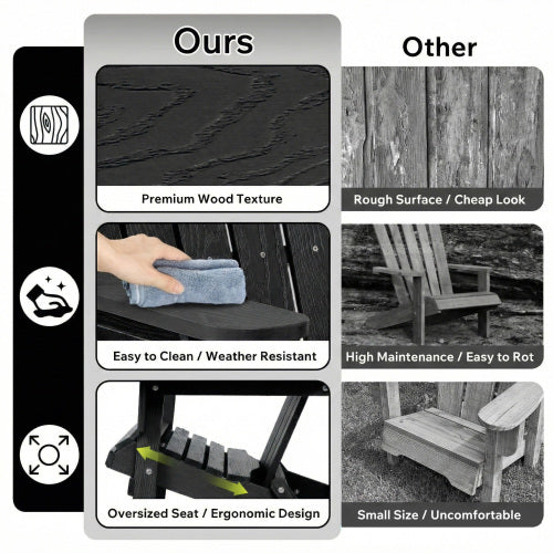 Folding Wooden Adirondack Chair with Embossed Grain, Solid Wood Patio Chair, Black