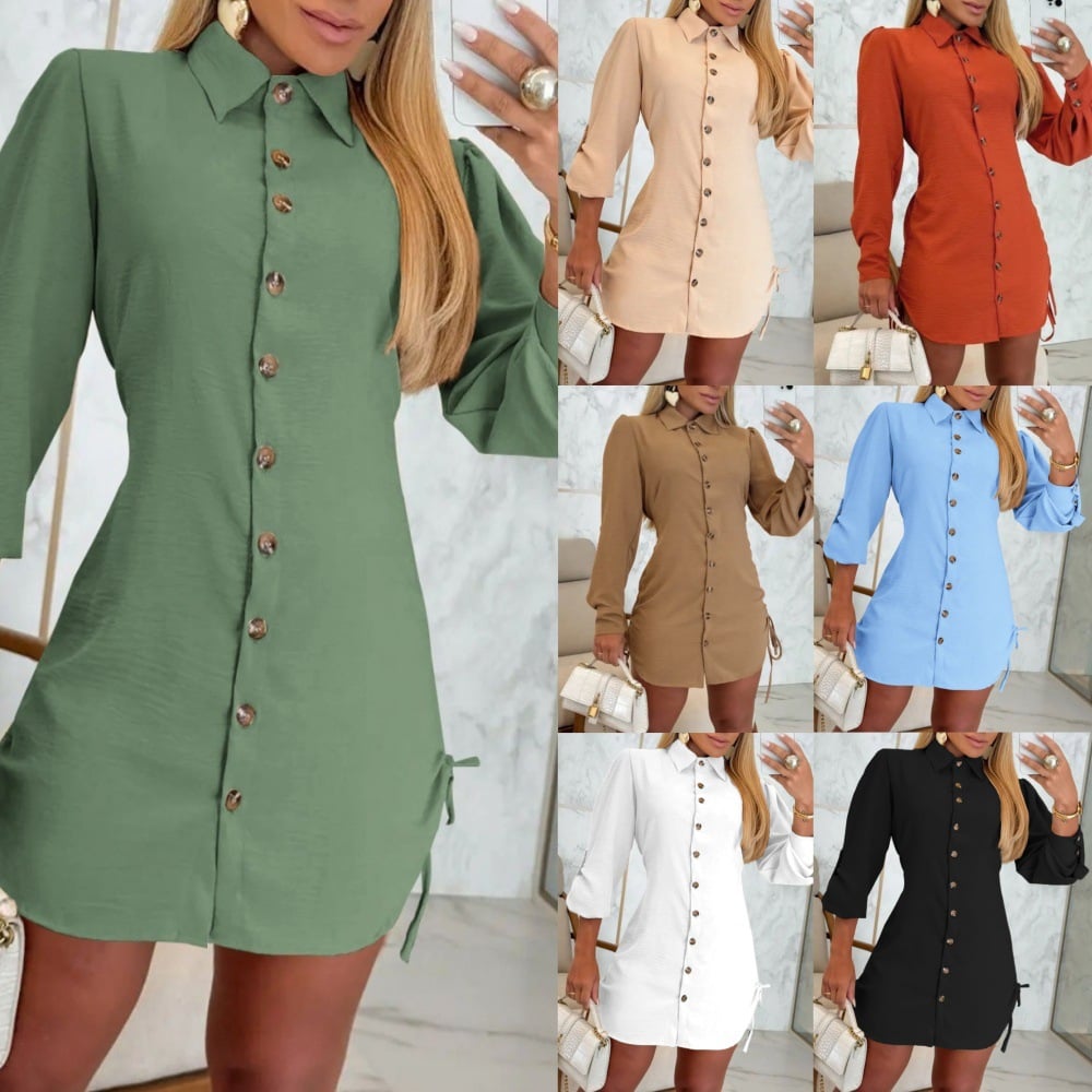 Women's Lapel Button-Down Side Drawstring Shirt Dress