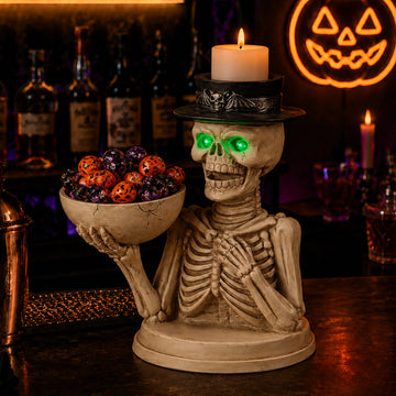 Halloween Skeleton Figurine with Storage Bowl & Candle Holder – Glowing Green Eyes, Gothic Half-Body Resin Statue with Carved Bat Top Hat, Spooky Tabletop Decor for Home, Entryway & Halloween Party