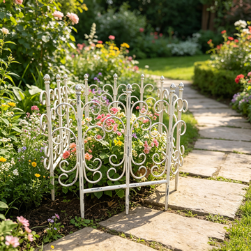 Vintage 19" Rustic White Iron Garden Fence Panels (4-Pack) – Antique Wrought Iron Decorative Border, Animal Barrier & Climbing Trellis, Weatherproof Outdoor Yard Edging for Flower Beds, Pathways & Plant Protection