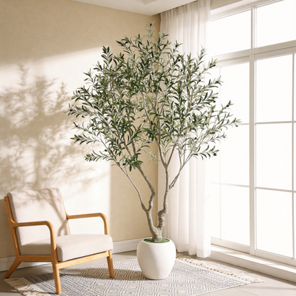 8FT Artificial Olive Tree, Tall Faux Potted Plant with Decorative White Pot for Indoor Decor