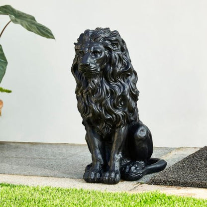 20.5" Majestic Resin Black Lion Statue, Weatherproof Guardian Sculpture for Patio & Entryway