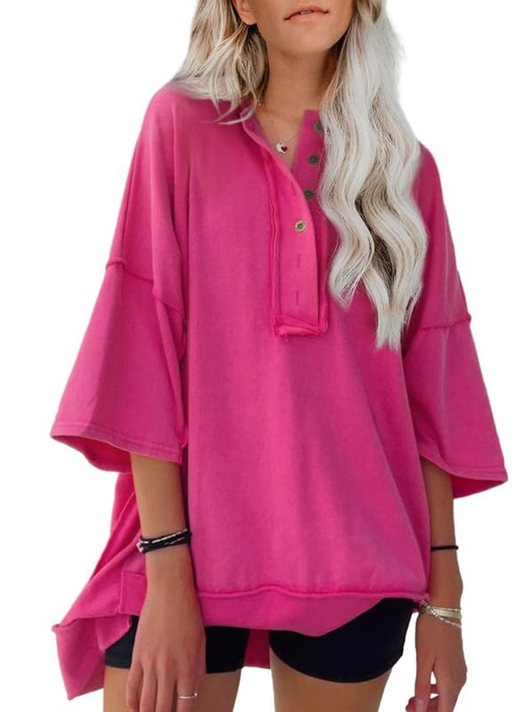 Women's  Oversized Button Down Henley V Neck Tops