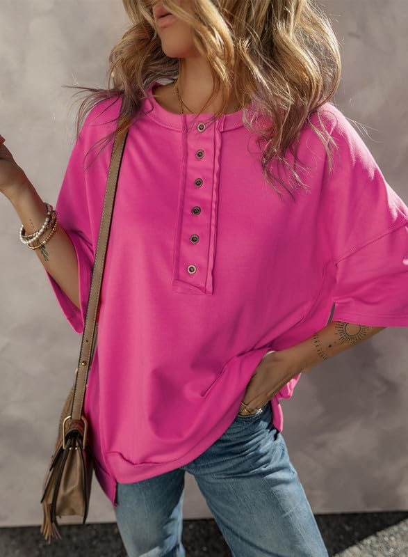 Women's  Oversized Button Down Henley V Neck Tops