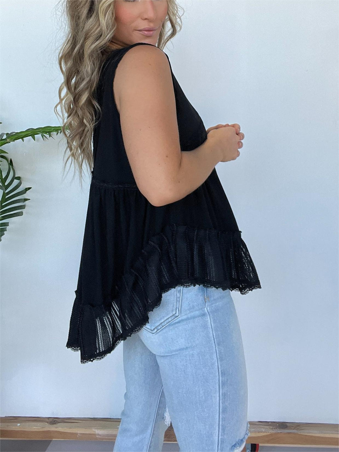 V-neckline Sleeveless Flow Top with Lace Trim