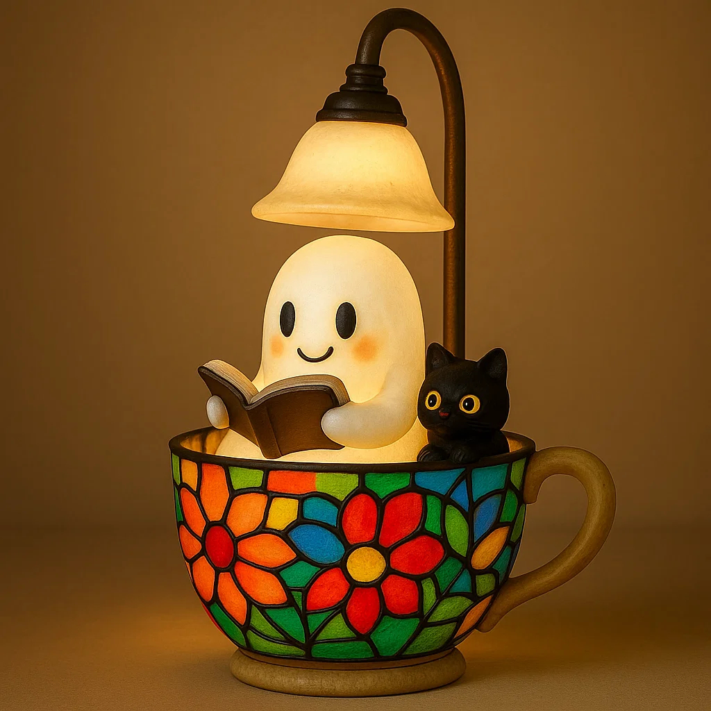 Whimsical Ghost and Cat Reading Lamp