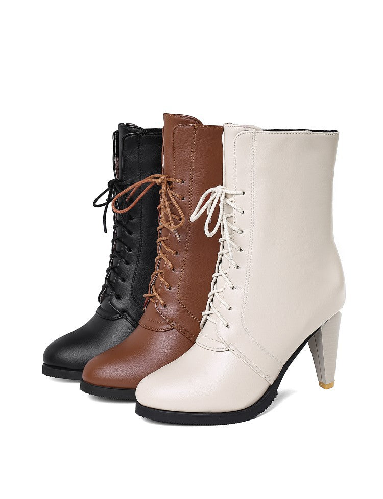 Elegant round toe mid calf boots with mid kitten heels