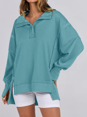 2024 New Women's Oversized High Low Split Button Up Henley Pullover Top