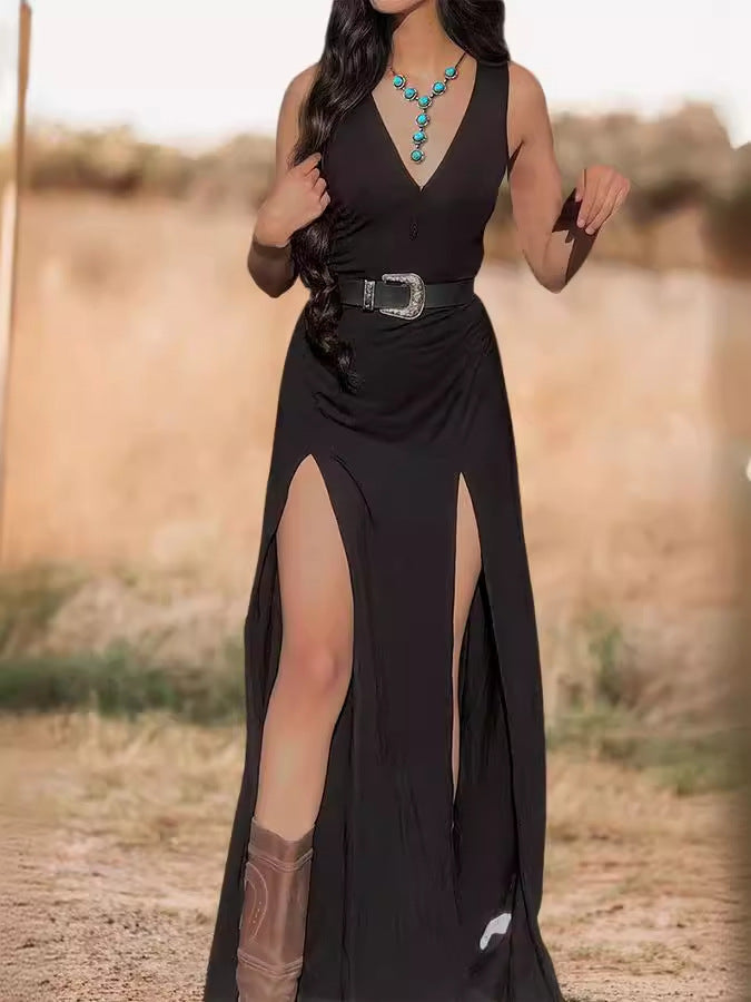 Women's Vintage Western Deep V Slit Dress