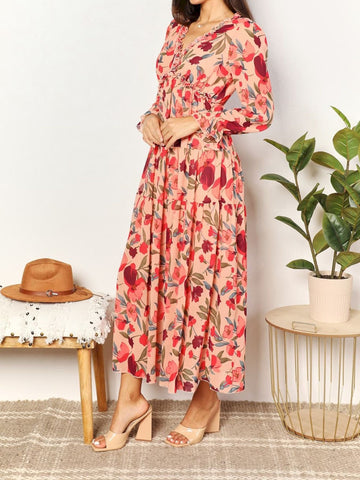 Women's Casual Boho Floral Printed V Neck Long Sleeve Dress