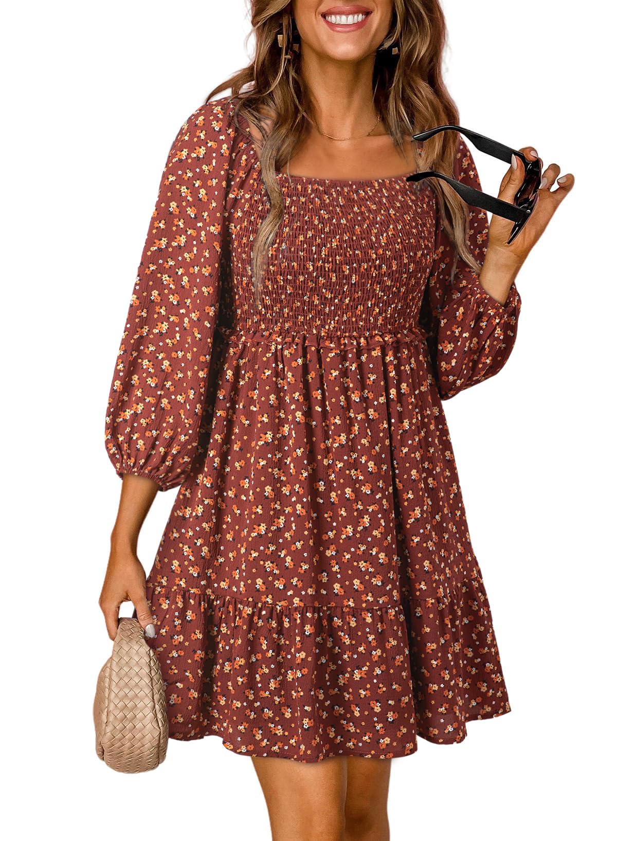 Women's Square Neck Smocked Boho Floral Dress