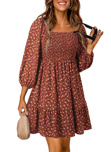 Women's Square Neck Smocked Boho Floral Dress