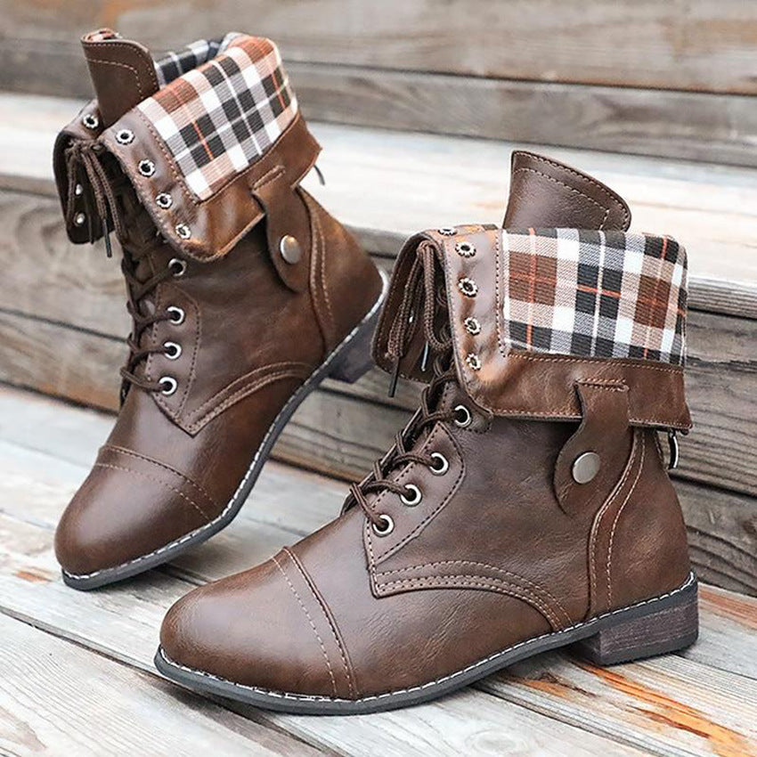 Retro women's motorcycle boots mid calf combat boots lace-up turn over boots