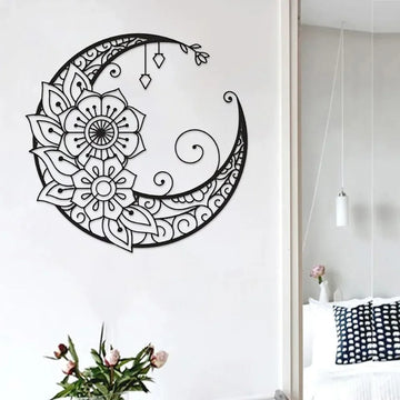 Mandala Flower Moon Metal Wall Art - 11.8-Inch Decorative Hanging Sign for Modern Boho Home Décor, Living Room, Bedroom, and Office Accent Piece