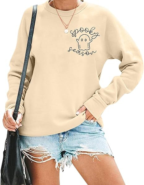 Halloween Sweatshirt Women Cute Spooky Embroidered Pullover Top