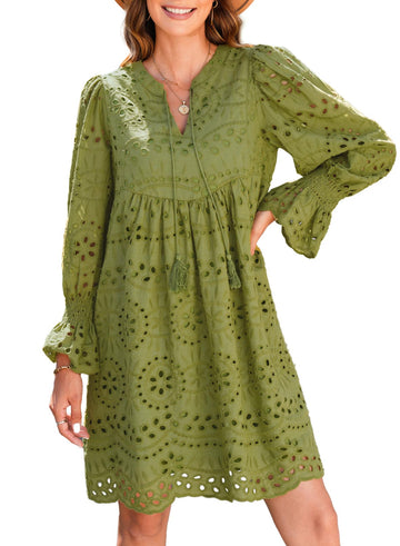 Womens V Neck Long Sleeve Hollow Out Lace Ruffle Dresses