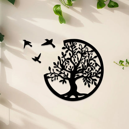 Black Wooden Tree of Life Wall Hanging - Round Bird Silhouette Art Decor for Boho, Witchy, and Modern Indoor Spaces