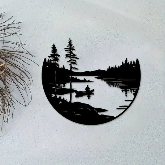 Bohemian-Inspired Metal Wall Art: Scenic Lake & Mountain Silhouette Round Sculpture for Elegant Home and Patio Decor