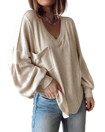 Women's Casual V Neck Loose Balloon Sleeve Top