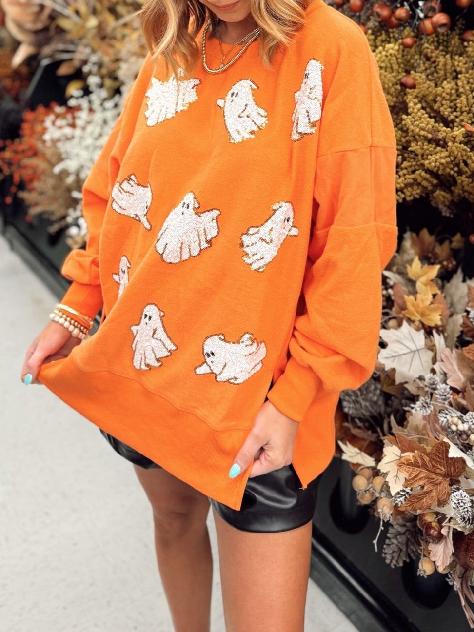 Orange Embroidered Sequin Ghost All Over Sweatshirt