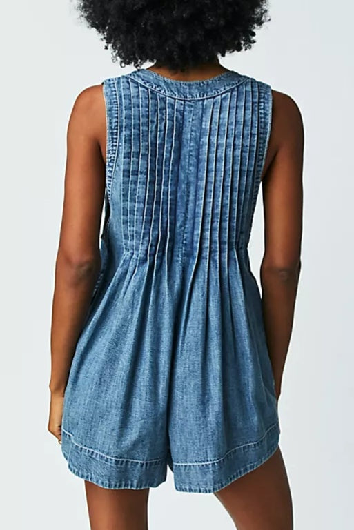 Denim V-neck Pleated Romper