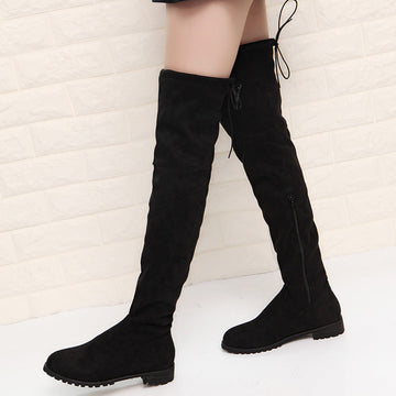 Women's faux suede flat thigh high boots back tie-up