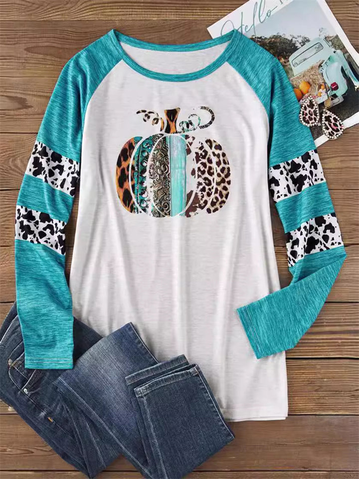 Women's Leisure Pumpkin Pattern Raglan Sleeve T-shirts