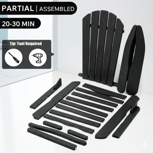 Folding Wooden Adirondack Chair with Embossed Grain, Solid Wood Patio Chair, Black