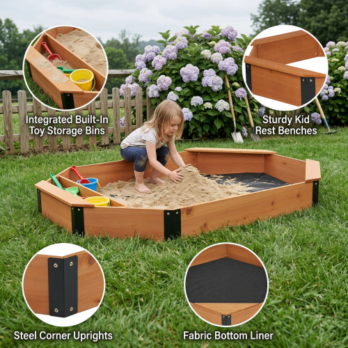 Octagon Kids Sandbox with Storage Seats, Solid Wood Sandpit with Cover & Liner