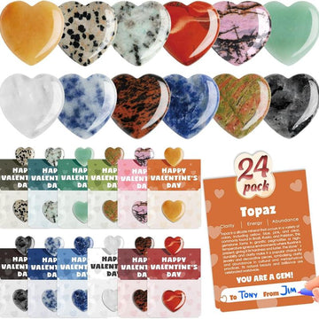 Valentine's Day Gem Gifts for Kids And Adults – 24 Pack Prefilled Cards with Heart-Shaped Gemstones