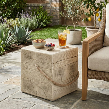 Wood Grain MGO Side Table, Retro End Table with Braided Cord for Home & Patio