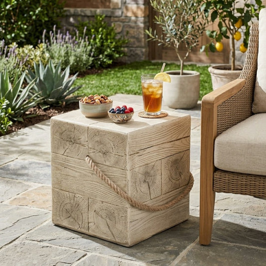 Wood Grain MGO Side Table, Retro End Table with Braided Cord for Home & Patio